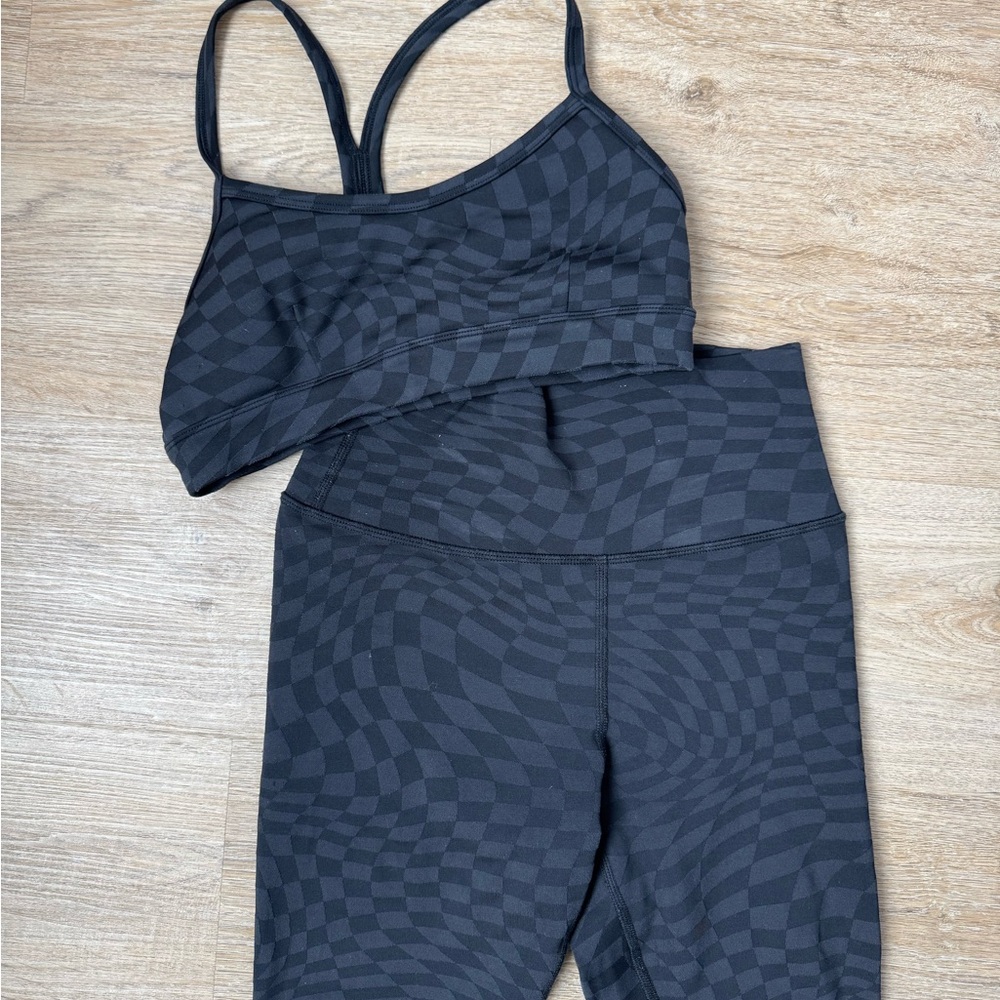 ALO Yoga Black Checkerboard Sports Bra and Leggings Set